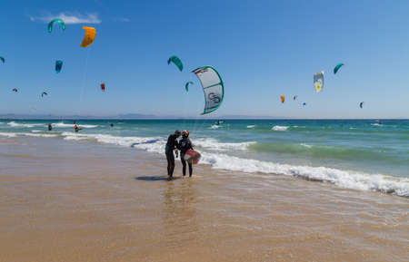 Tarifa, Spain: Kite surfing in Tarifa, Spain. Tarifa is most popular places in Spain for kitesurfingのeditorial素材