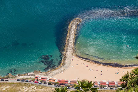 Blue lagoon with beach, view from the rock. Gibraltar. UKの写真素材