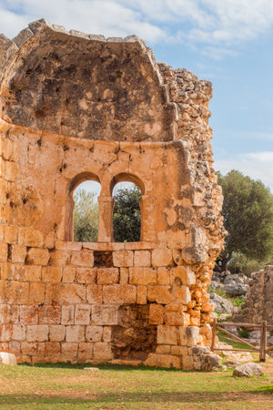 Old ruins of the Great Basilica at Aya Tekla underground cave Church also known as Saint Aya Thecla or Aya Thekla, is ruined historic church located in Silifke,Mersin,Turkey.のeditorial素材