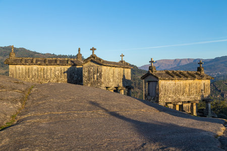 Old traditional horreo espigueiro granary food storehouse in Soajo, Arcos de Valdevez, Viana do Castelo, Portugal, Europeのeditorial素材