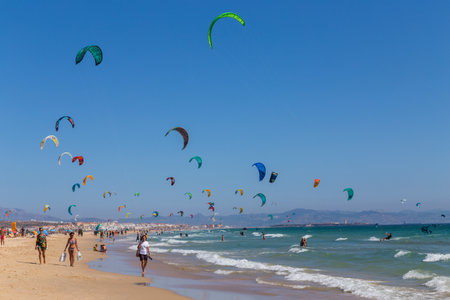 Tarifa, Spain: Kite surfing in Tarifa, Spain. Tarifa is most popular places in Spain for kitesurfingのeditorial素材