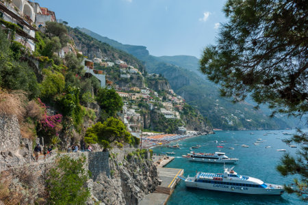 POSITANO, ITALY: people at beach in Positano, Amalfi Coast, Italy.のeditorial素材