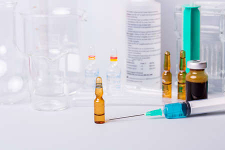 Research lab assorted glassware equipment detailの写真素材