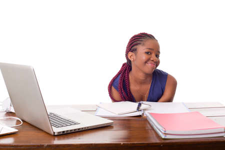 happy beautiful business woman working with a laptop on a desk, isolated on white backgroundの写真素材