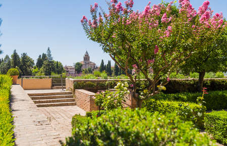 Granada, Spain: General view of The Generalife courtyard, with its famous fountain and garden. Alhambra de Granada complexの写真素材