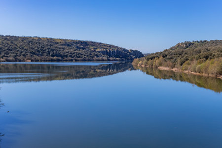 Spain, Castile and Leon, surroundings of Moreruela de Tabara, landscape on the Via de la Plata via Ourense or Camino Sanabres, the Esla riverの写真素材