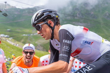 Col du Tourmalet, France - July 06 2023: Marc Soler climbig the road to Col du Tourmalet in Pyerenees mountains during the stage 6 of Le Tour de France 2023.のeditorial素材