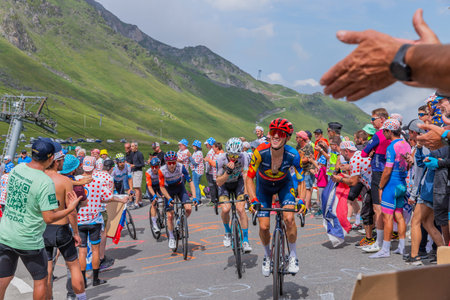 Col du Tourmalet, France - July 06 2023: Riders climbig the road to Col du Tourmalet in Pyerenees mountains during the stage 6 of Le Tour de France 2023.のeditorial素材