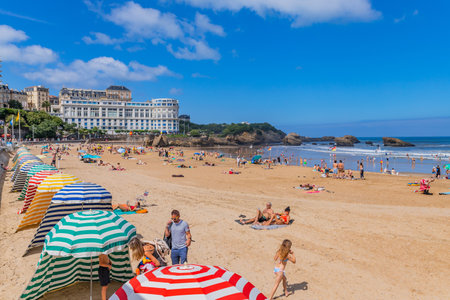 Biarritz, France: People at the beach Grande Plage (Big beach) in the French resort town of Biarritz.のeditorial素材