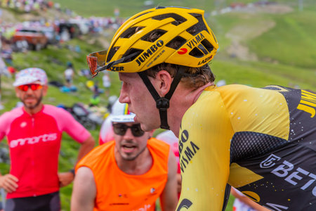 Col du Tourmalet, France - July 06 2023: Nathan van Hooydonck climbig the road to Col du Tourmalet in Pyerenees mountains during the stage 6 of Le Tour de France 2023.のeditorial素材