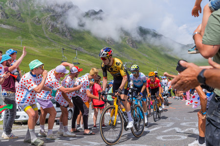 Col du Tourmalet, France - July 06 2023: Wout van Aert climbig the road to Col du Tourmalet in Pyerenees mountains during the stage 6 of Le Tour de France 2023.のeditorial素材