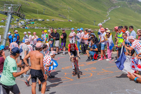 Col du Tourmalet, France - July 06 2023: Mattias Skjelmose Jensen climbig the road to Col du Tourmalet in Pyerenees mountains during the stage 6 of Le Tour de France 2023.のeditorial素材