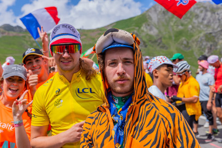 Col du Tourmalet, France - July 06 2023: Cycling fans waiting for the buch at the top of the Col du Tourmalet in Pyerenees mountains during the stage 6 of Le Tour de France 2023のeditorial素材