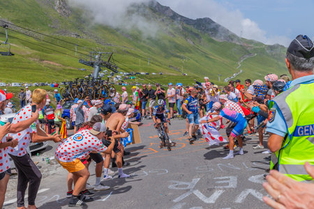 Col du Tourmalet, France - July 06 2023: Julian Alaphilippe climbig the road to Col du Tourmalet in Pyerenees mountains during the stage 6 of Le Tour de France 2023.のeditorial素材