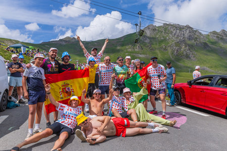 Col du Tourmalet, France - July 06 2023: Cycling fans waiting for the buch at the top of the Col du Tourmalet in Pyerenees mountains during the stage 6 of Le Tour de France 2023のeditorial素材