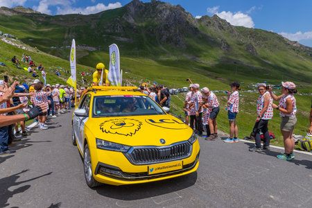 Col du Tourmalet, France - July 06 2023: Caravan car at the top of the Col du Tourmalet in Pyerenees mountains during the stage 6 of Le Tour de France 2023のeditorial素材