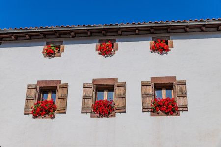 Wall with windows decorated by flowerpots in Saint Jean Pied de Port, Franceのeditorial素材