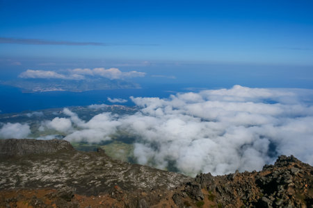 Panorama landscape from the top of Pico volcano at hiking at azores. Pico island. Portugalの写真素材