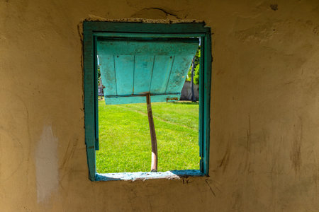 Detail of a window in a typical Fijian Bure, in the Fiji Islands, South Pacific areaの写真素材