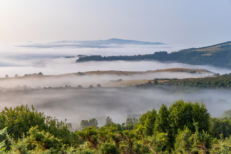 View of Galicia mountain landscape at the sunrise along the way of St. James. Lugo