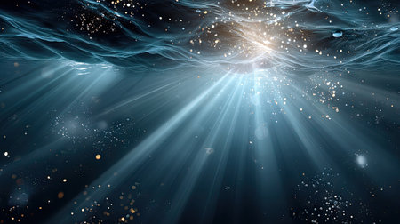 Experience the serene beauty of light rays penetrating the deep blue ocean water, creating an enchanting atmosphere filled with bubbles and glimmering particles.の素材