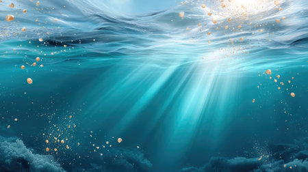 Experience the calming essence of an underwater paradise with rays of sunlight piercing the waves, creating a spectral dance of bubbles in a tranquil blue sea.の素材