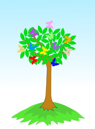 Beauty spring tree with butterflies and green leavesのイラスト素材