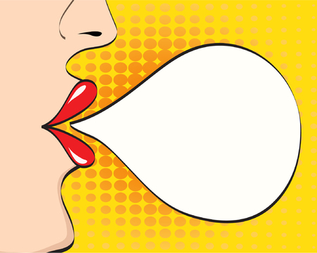 Beautiful woman face with open lips and empty speech bulb with space for text, pop art retro comic style, vector illustration eps 10のイラスト素材