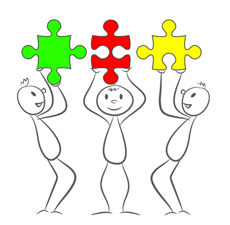 Three stick men with rectangle puzzle pieces. Eps 10 vector illustrationのイラスト素材