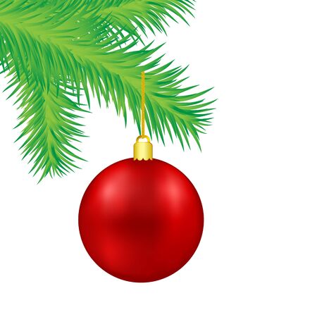 Red Christmas decoration ball on green fir tree branch, vector illustrationのイラスト素材