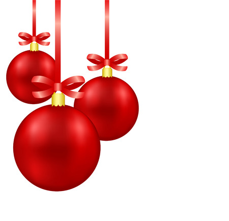 Red christmas decoration balls on ribbon with bow isolated hanging with white background, stock vector illustrationのイラスト素材