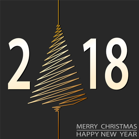 Happy New 2018 Year Greeting Card Design with Golden Christmas Tree, stock vector illustrationのイラスト素材