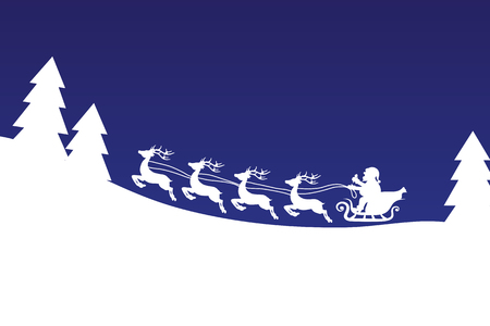 Flying Santa with Reindeer over Christmas Night Forest Blue Sky Banner, Stock Vector Illustrationのイラスト素材