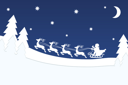 Flying Santa with Reindeer over Christmas Night Forest Blue Star Sky Banner, Stock Vector Illustrationのイラスト素材