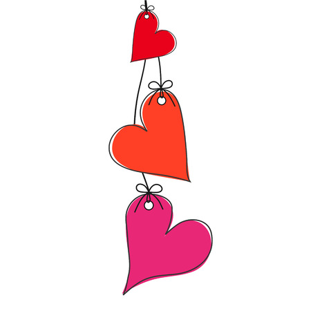 Three red and pink hearts on the rope on white, valentine's greeting card, stock vector illustrationのイラスト素材