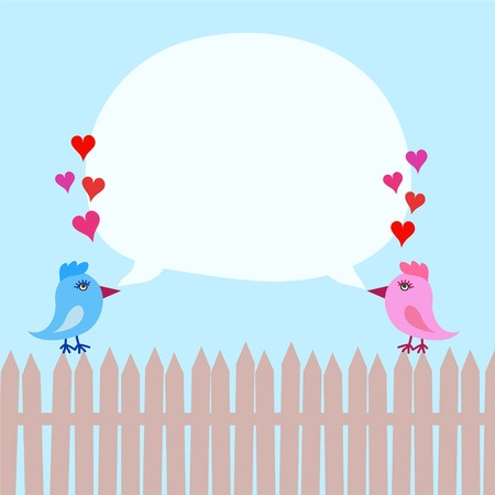 Pink and Blue Birds On Fence with Hearts and Speech Bubble ober blue sky, stock vector illustrationのイラスト素材