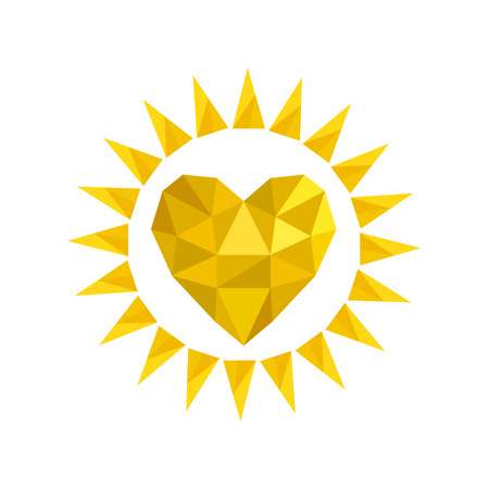 Yellow bright sun icon in heart shape from crumpled paper on white. Stock vector illustrationのイラスト素材