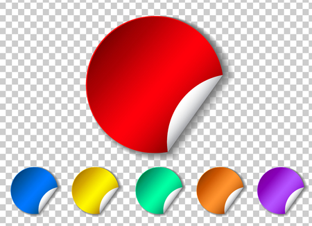 Set of sticker with peel off corner isolated on transparent background. Round blank paper banner or circle curl label sticker with flip edge. Vector red post note for advertising design.のイラスト素材