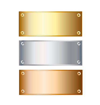 Vector golden, silver and bronze podium plates isolated on white background, stock vector illustrationのイラスト素材