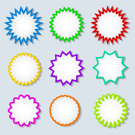 Starburst color speech bubbles with shadow on white, stock vector illustrationのイラスト素材