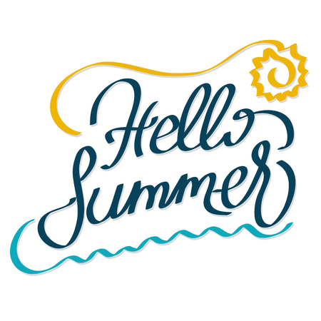 hello summer hand drawing lettering words with sun and ocean wave on white for your design, stock vector illustrationのイラスト素材