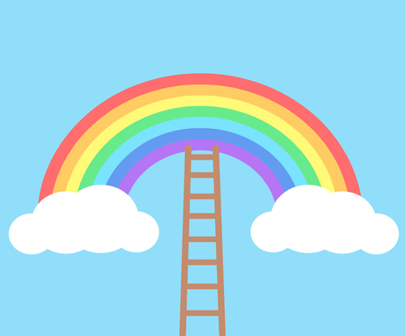 Color rainbow with clouds and wooden stairs on blue sky backgroundのイラスト素材