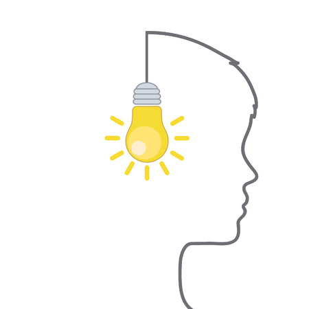 Light bulb with smiley face and profile outline made of wire as positive thinking, happy attitude and good idea conceptのイラスト素材