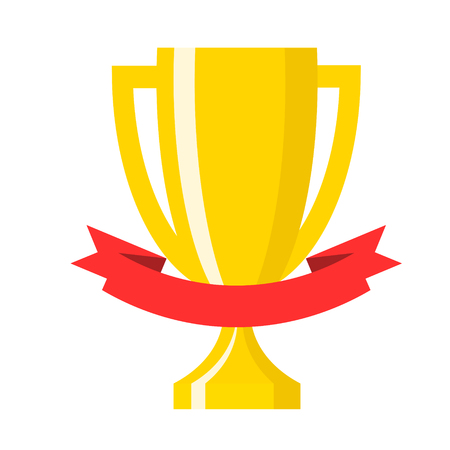 Winner gold trophy gold cup with red ribbon flat vector icons for sports victory concept. Sport award and prize, trophy cup illustrationのイラスト素材