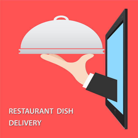 Restaurant Food Delivery Concept flat vector illustration. Hand of Waiter with dish from tabletのイラスト素材