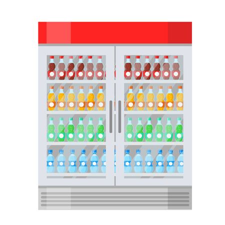 Big fridge with different bottles of juice, water and drinks in cartoon flat style on white, stock vector illustrationのイラスト素材