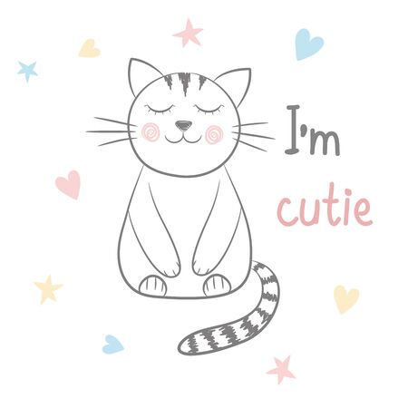 Sweet cutie cat hand drawn on white, stock vector illustrationのイラスト素材