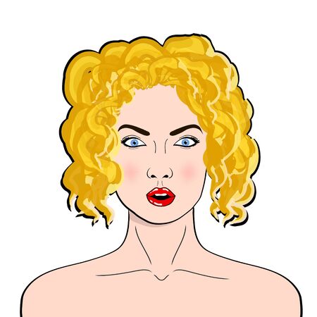 Wow pop art female face. Sexy surprised young woman with open mouth and blond hair in pop art retro comic style.のイラスト素材