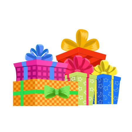 Cartoon gift box. Christmas present, gifting box and xmas present winter holidays or birthday party gift sign. Secret boxing with surprises, greeting giftbox decor vector isolated iconのイラスト素材