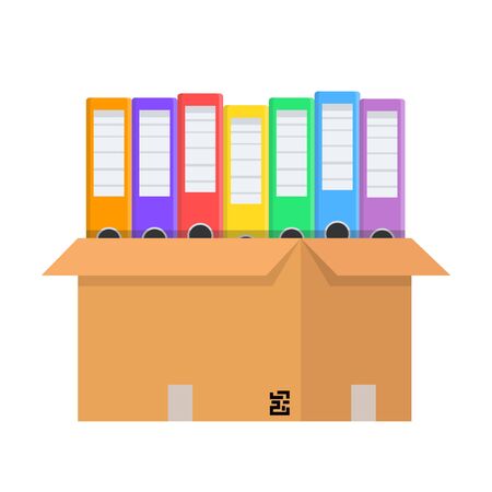 Stack of many color document folders and cardboard box for design on white, stock vector illustrationのイラスト素材